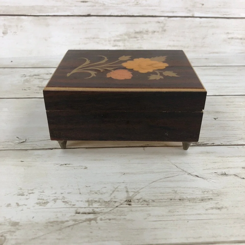 Vintage Mapsa Swiss Musical Movement Wood Jewelry Box Edelweiss Floral Inlay